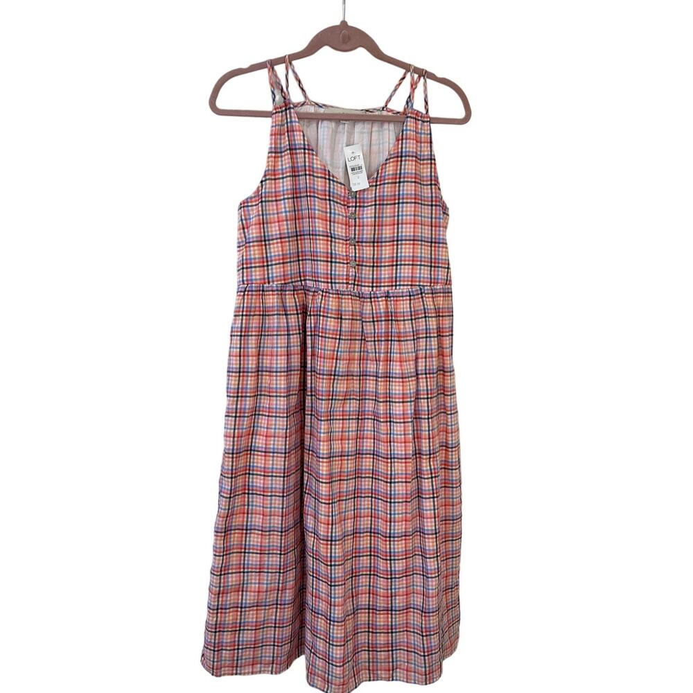 Loft NWT Women’s Size 2 Pink Plaid Strappy Button Midi Shiff Dress 100% Cotton